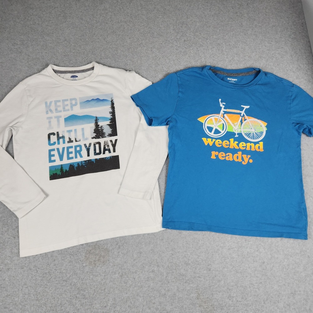 Old‎ Navy Graphic T-Shirt Kids L 10-12 White Blue Mountain Bicycle Tee Lot of 2